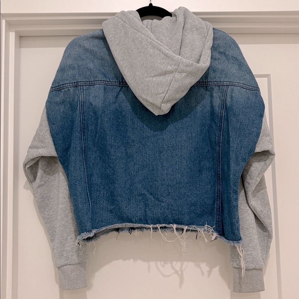 [Thrill Jeans] Distressed Hooded Sweatshirt Button-Up Denim Jacket Women’s Sz M - Picture 7 of 14